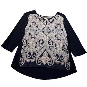 Chico's Paisley Knit Linen Hi-Low Top Tunic Dark Blue 3/4 Sleeve Women's Size 3P